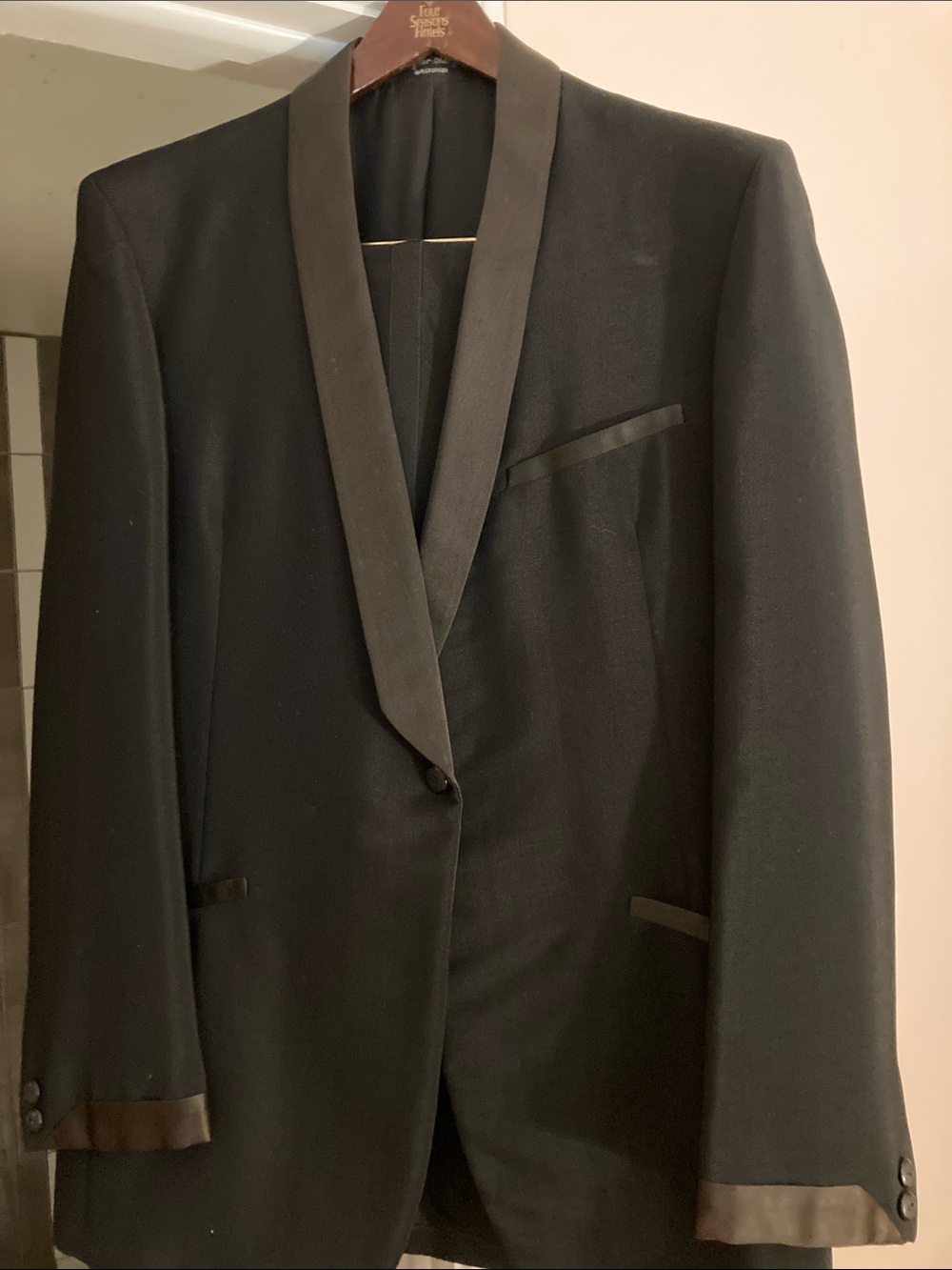 After Six Black Satin-Trim Shawl Lapel Tuxedo Jacket